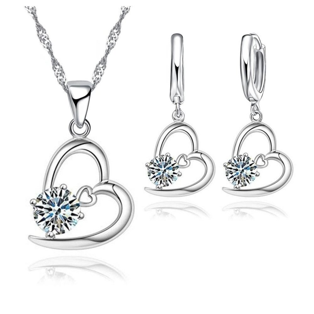 ❤️ Earrings And Necklace Heart Woman 925 Sterling Silver Pendant Set